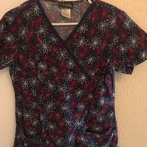 Blue Scrub Top with Red and White Flowers